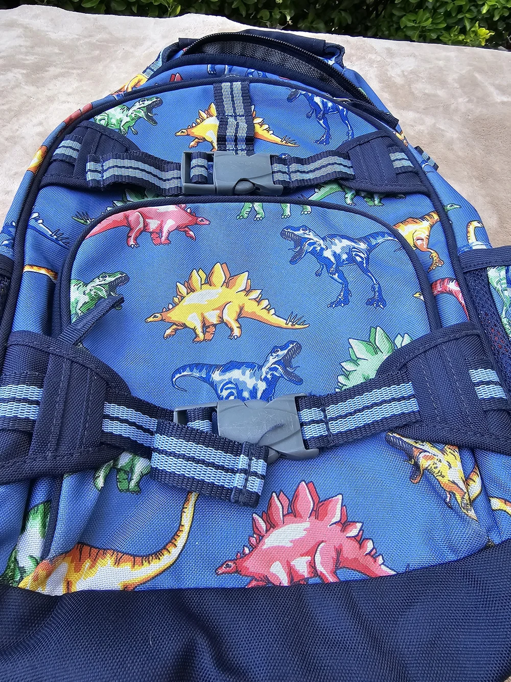 Pottery Barn Kids Blue Backpack with Multicolor Dinosaurs